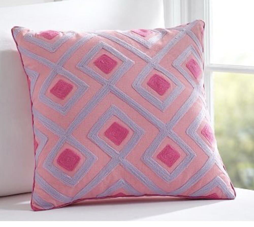 Pottery Barn Harper Pillow Decorative Crewel Diamond Lattice Pink Purple